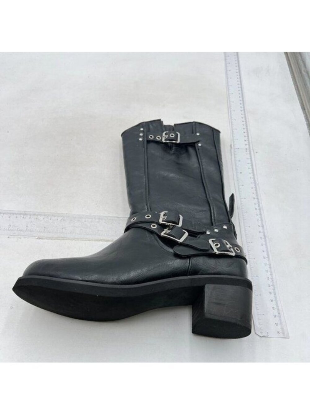 Knee High Boots Women Square Toe Pull On Boots Buckle Rivet Boots Black Boots